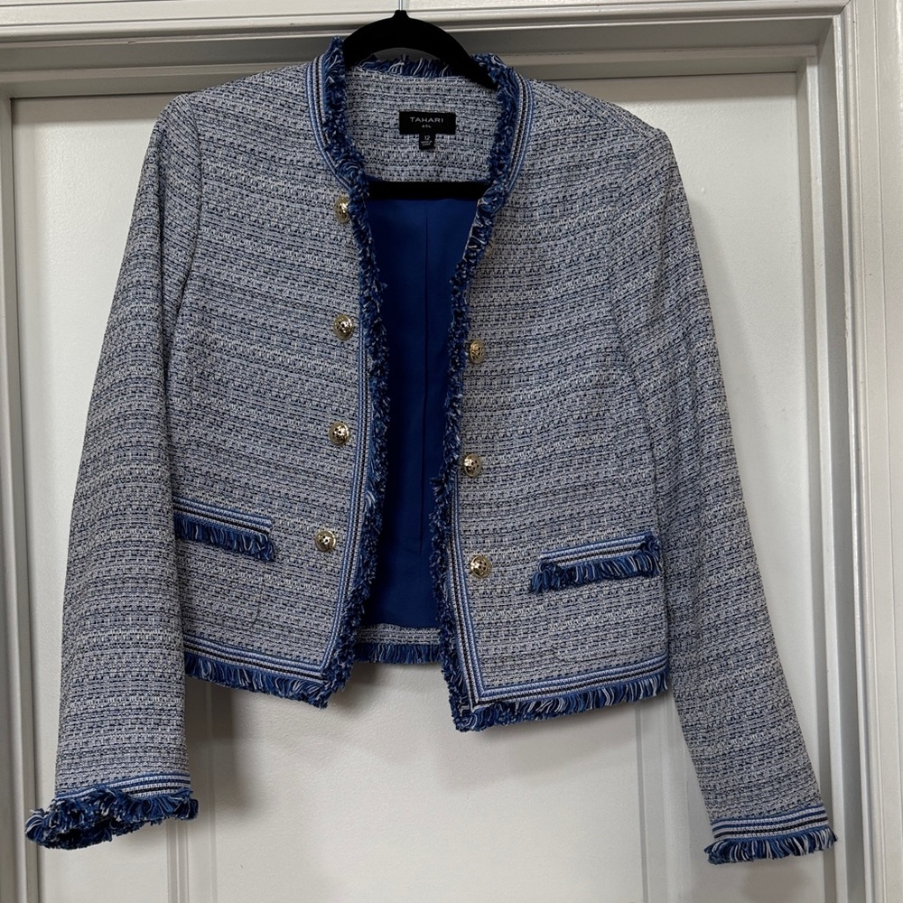 T Tahari Women's Textured Blue Blazer with Gold Accents